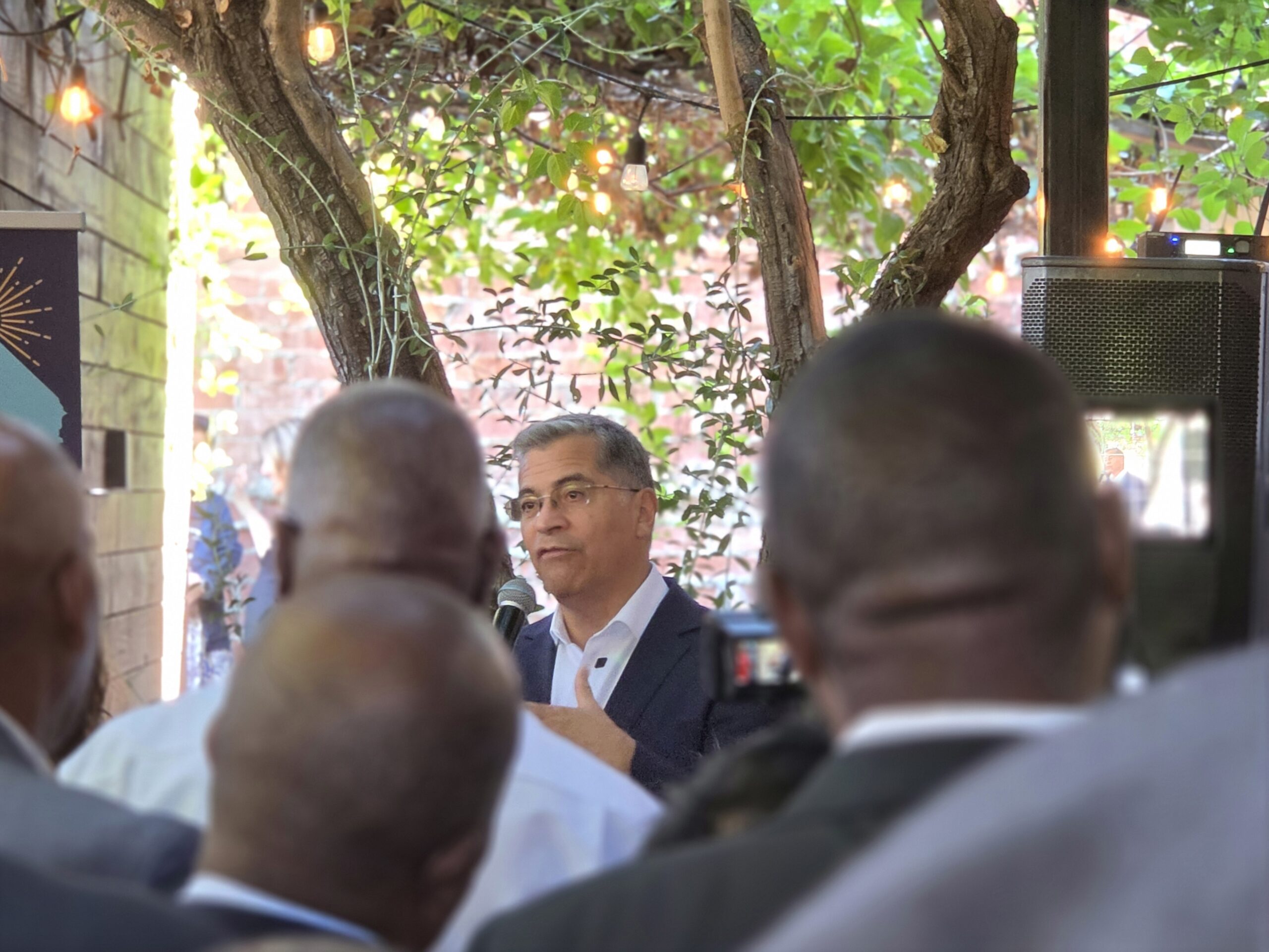 California gubernatorial candidate Xavier Becerra speaks with community leaders during a private event in Los Angeles on Oct. 15, 2026. / CC photo by Aldon Stiles